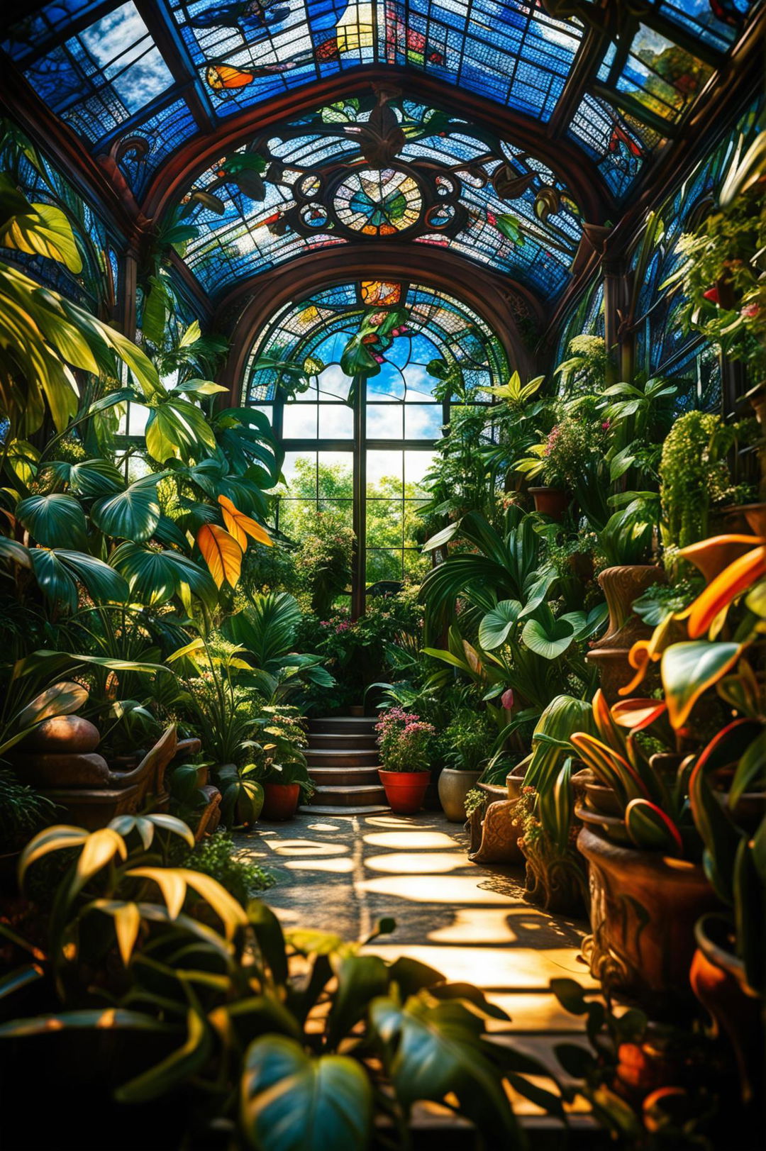 An extremely detailed, high-definition, cinematic photograph of a Rococo style greenhouse with ornate stained glass panels, taken with a Nikon camera