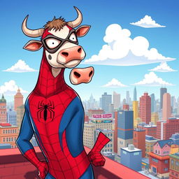 A whimsical and humorous illustration of a cow dressed as Spider-Man, complete with a red and blue suit, spider-web patterns, and a mask covering its eyes