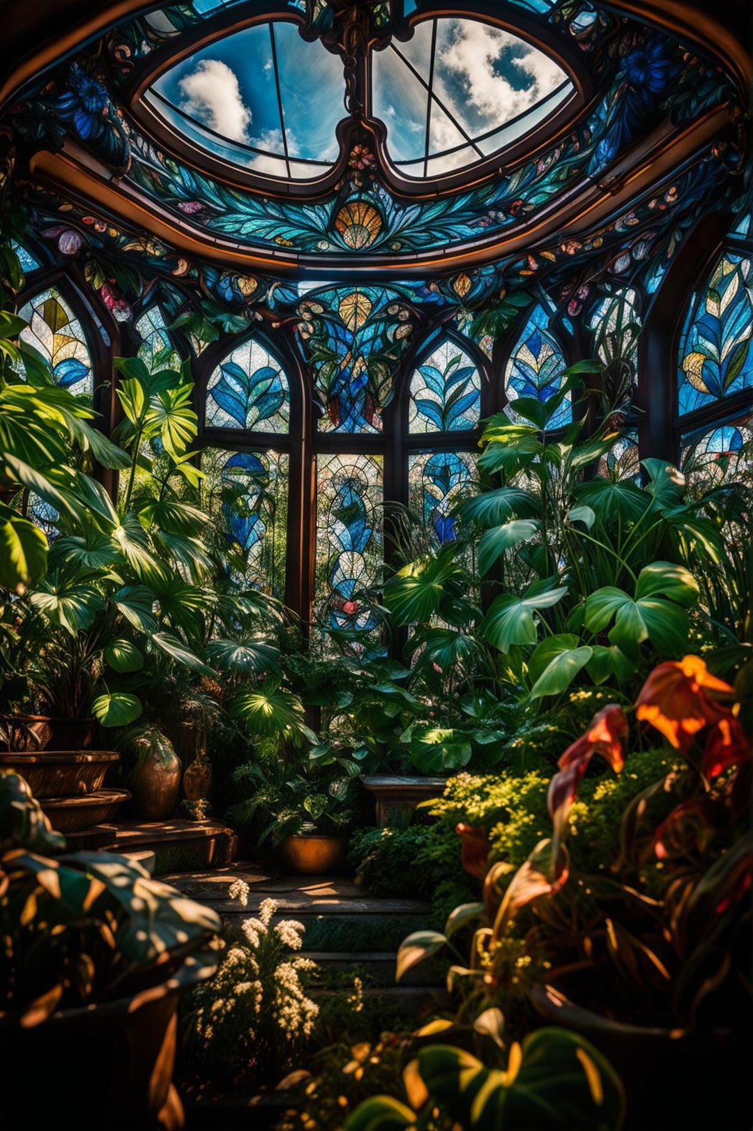 A high-definition, cinematic photograph taken with a Nikon camera, featuring a Rococo style greenhouse with intricately designed floral stained glass panels, situated in a lush garden under a brilliant sky