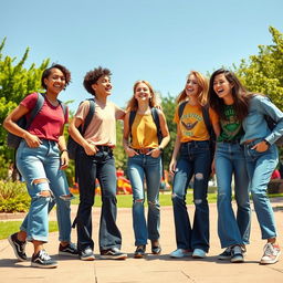 A dynamic scene featuring a group of stylish teenagers wearing casual jeans, laughing and enjoying a sunny day at a vibrant urban park