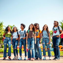 A dynamic scene featuring a group of stylish teenagers wearing casual jeans, laughing and enjoying a sunny day at a vibrant urban park
