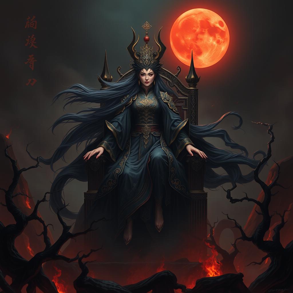 A powerful Chinese Empress of Evil standing majestically on her throne in a dark hellish landscape