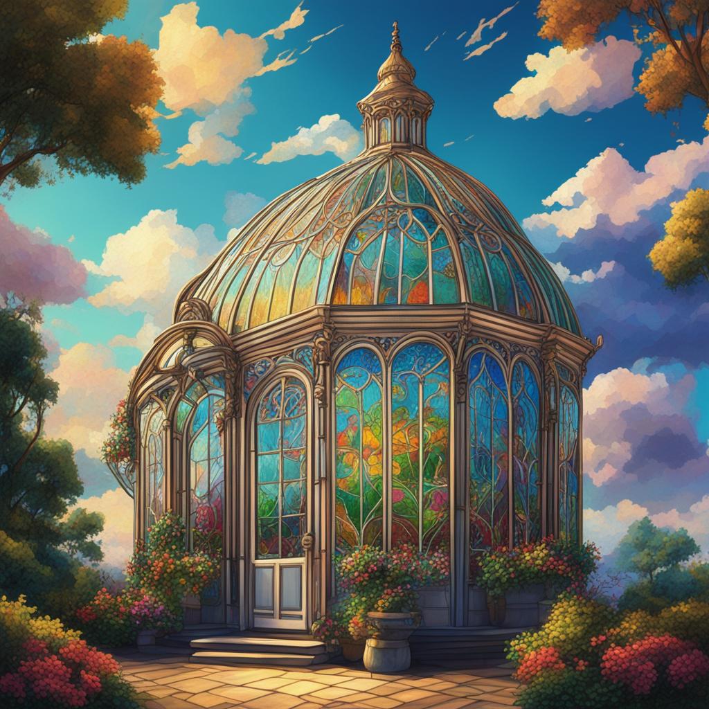 This is a Studio Ghibli-style digital painting of a Rococo style stained glass greenhouse