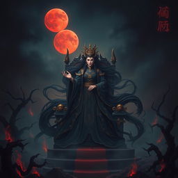 A powerful Chinese Empress of Evil standing majestically on her throne in a dark hellish landscape
