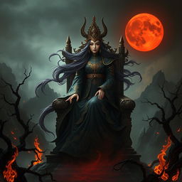 A powerful Chinese Empress of Evil standing majestically on her throne in a dark hellish landscape