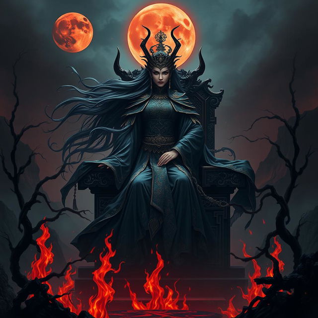 A powerful Chinese Empress of Evil standing majestically on her throne in a dark hellish landscape