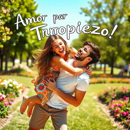 A young woman joyfully tumbles onto a young man, both sharing a spontaneous laugh in a vibrant, sunlit park