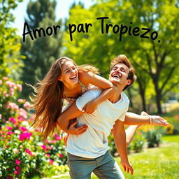 A young woman joyfully tumbles onto a young man, both sharing a spontaneous laugh in a vibrant, sunlit park