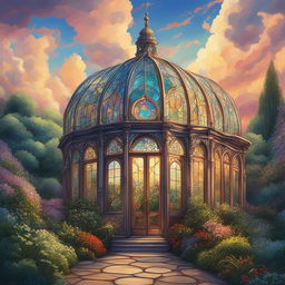 This is a Studio Ghibli-style digital painting of a Rococo style stained glass greenhouse