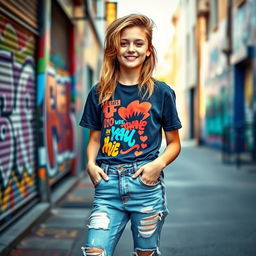 A stylish teenager wearing trendy, distressed denim jeans paired with a colorful graphic t-shirt