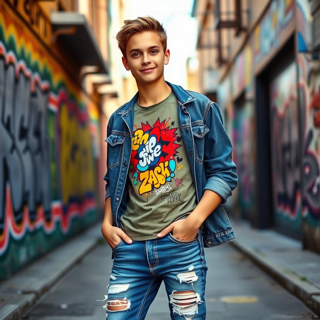 A stylish teenager wearing trendy, distressed denim jeans paired with a colorful graphic t-shirt