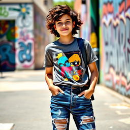 A stylish teenager wearing trendy, distressed denim jeans paired with a colorful graphic t-shirt