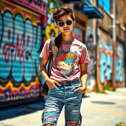 A stylish teenager wearing trendy, distressed denim jeans paired with a colorful graphic t-shirt