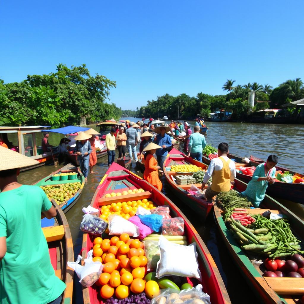 A vibrant floating market scene at Sungai Musi, Kota Palembang, bustling with activity