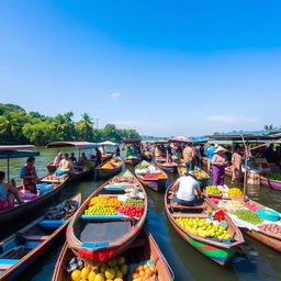 A vibrant floating market scene at Sungai Musi, Kota Palembang, bustling with activity
