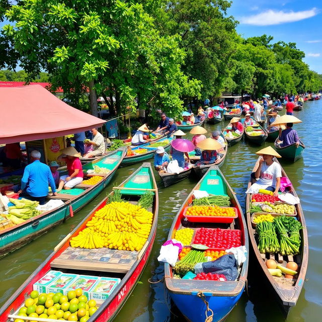 A vibrant floating market scene at Sungai Musi, Kota Palembang, bustling with activity