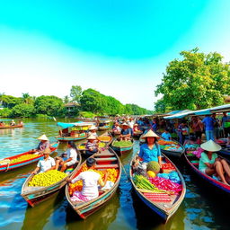 A vibrant floating market scene at Sungai Musi, Kota Palembang, bustling with activity