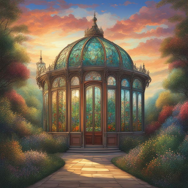 This is a Studio Ghibli-style digital painting of a Rococo style stained glass greenhouse