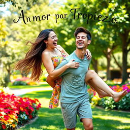A young woman playfully falls onto a young man, both bursting into laughter in a charming outdoor scene