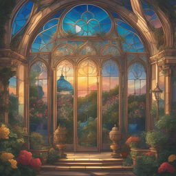 This is a Studio Ghibli-style digital painting of a Rococo style stained glass greenhouse