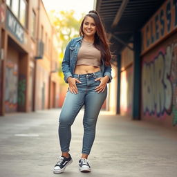 A confident teenage girl with a plus-size figure is standing in a relaxed pose, wearing stylish tight jeans that accentuate her shape