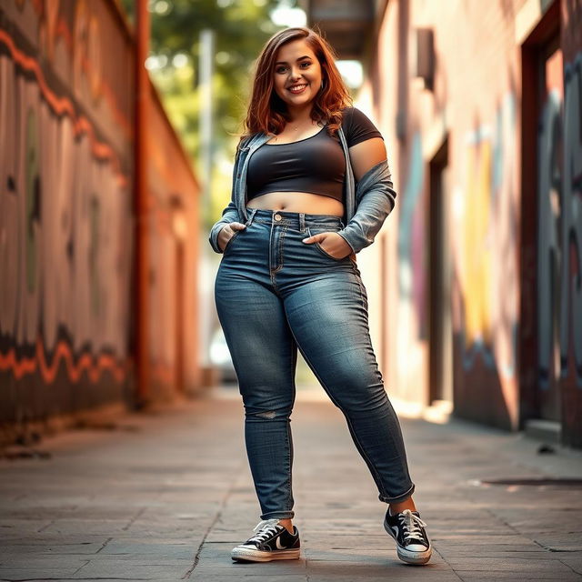 A confident teenage girl with a plus-size figure is standing in a relaxed pose, wearing stylish tight jeans that accentuate her shape