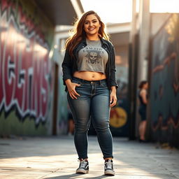 A confident teenage girl with a plus-size figure is standing in a relaxed pose, wearing stylish tight jeans that accentuate her shape