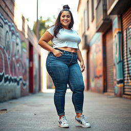 A confident teenage girl with a plus-size figure is standing in a relaxed pose, wearing stylish tight jeans that accentuate her shape