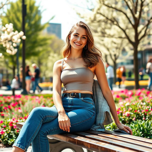 A fashionable young woman sitting on a bench in a sunny urban park