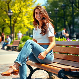 A fashionable young woman sitting on a bench in a sunny urban park