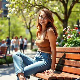 A fashionable young woman sitting on a bench in a sunny urban park