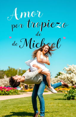 A young woman falls onto a young man in a playful, romantic manner, both laughing and surprised by the unexpected encounter