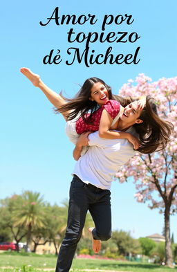 A young woman falls onto a young man in a playful, romantic manner, both laughing and surprised by the unexpected encounter