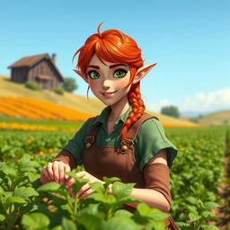 A half-elf female farmer with vibrant red hair and striking green eyes, tending to her lush crops in a picturesque rural landscape
