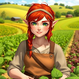 A half-elf female farmer with vibrant red hair and striking green eyes, tending to her lush crops in a picturesque rural landscape