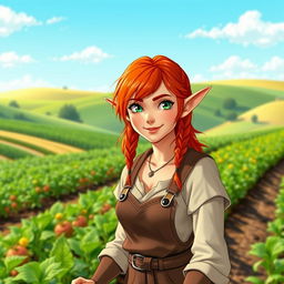 A half-elf female farmer with vibrant red hair and striking green eyes, tending to her lush crops in a picturesque rural landscape