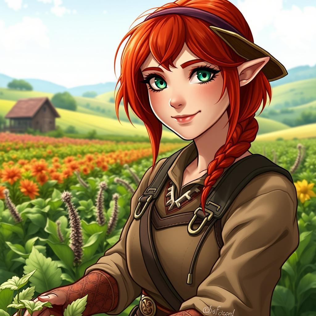 A half-elf female farmer with vibrant red hair and striking green eyes, tending to her lush crops in a picturesque rural landscape