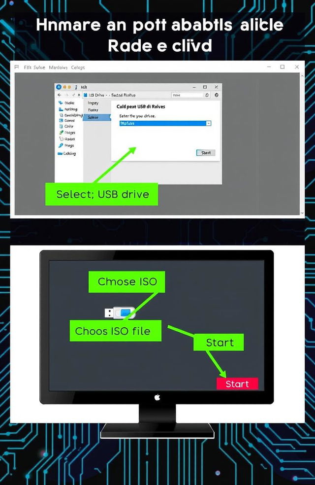 An informative guide on creating a bootable USB drive using Rufus, featuring a step-by-step visual process