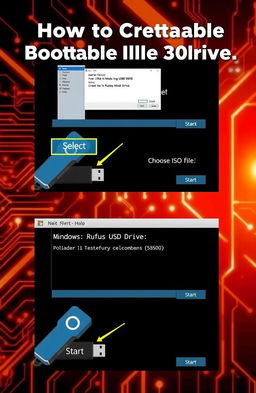 An informative guide on creating a bootable USB drive using Rufus, featuring a step-by-step visual process