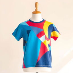 A beautifully crafted T-shirt design featuring a vibrant, abstract geometric pattern in shades of blue, red, and yellow
