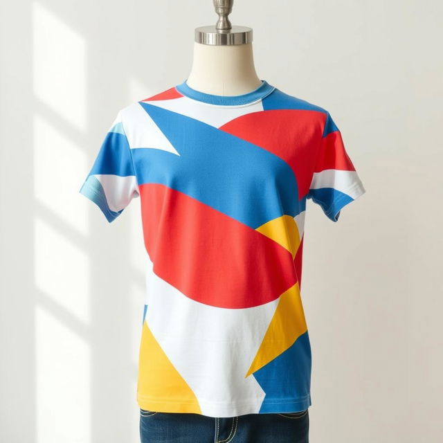 A beautifully crafted T-shirt design featuring a vibrant, abstract geometric pattern in shades of blue, red, and yellow