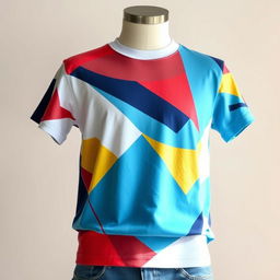 A beautifully crafted T-shirt design featuring a vibrant, abstract geometric pattern in shades of blue, red, and yellow
