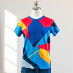 A beautifully crafted T-shirt design featuring a vibrant, abstract geometric pattern in shades of blue, red, and yellow