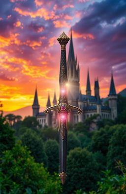 A mystical kingdom scene for a novel cover featuring an ornate dagger prominently displayed in the foreground