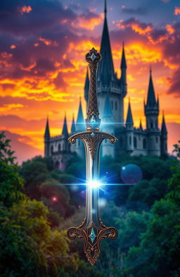 A mystical kingdom scene for a novel cover featuring an ornate dagger prominently displayed in the foreground
