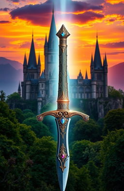 A mystical kingdom scene for a novel cover featuring an ornate dagger prominently displayed in the foreground