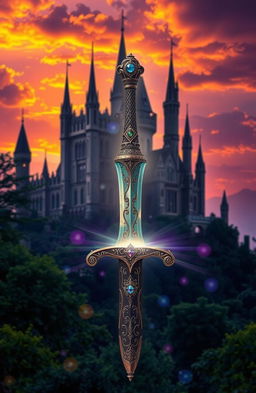 A mystical kingdom scene for a novel cover featuring an ornate dagger prominently displayed in the foreground