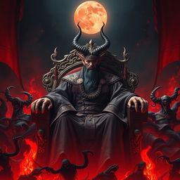 A formidable Chinese Judge of the Devil, seated on an ornate throne in a hellish environment