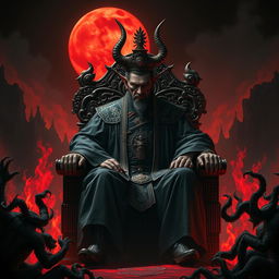 A formidable Chinese Judge of the Devil, seated on an ornate throne in a hellish environment