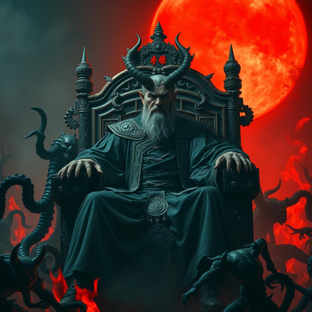 A formidable Chinese Judge of the Devil, seated on an ornate throne in a hellish environment